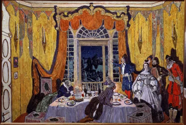 Decoración preparatoria para la ópera ""Le guest de pierre"" de Alexandre Dargomyjski (1813-1869) (Escenografía para la ópera The Stone Guest, de A. Dargomyzhsky). Pintura de Alexander Yakovlevich Golovin (Alexander Golovin) (1863-1930), óleo sobre madera