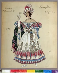 Diseño de Vestuario para la obra le bal masque de Mikhail Lermontov (1814-1841) (Diseño de Vestuario para la obra La Mascarada de M.Lermontov). Obra de Alexander Yakovlevich Golovin (Alexander Golovin) (1863-1930), acuarela, gouache, tinta y lápiz sobre pa