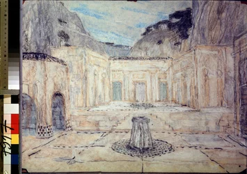Escenografía para la tragedia Antígona según Sófocles (496 a. C.-406 a. C.) (Escenografía para la tragedia Antígona según Sófocles). Una plaza pública rodeada de edificios antiguos, enmarcada en un paisaje de montaña. el trabajo de alejandro