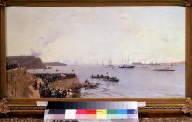 Llegada del Emperador Alejandro III de Rusia (1845-1894) en Sebastopol (Llegada del Emperador Alejandro III en Sebastopol). Pintura de Alexander Karlovich Beggrov (1841-1914). Óleo sobre lienzo, 40 x 85 cm