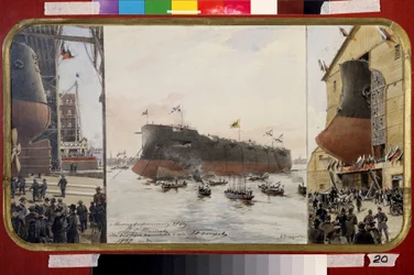 La botadura del crucero de batalla Pamiat Azova. Pintura de Alexander Karlovich Beggrov (1841-1914). Acuarela y tinta sobre papel, 33 x 60 cm