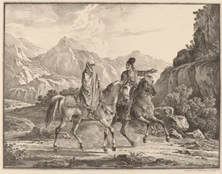Hombre y mujer velada a caballo