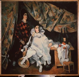 Los hermanos malabaristas de Cyrano (disfrazados de Pierrot y Arlequín). Pintura de Alexander Vasilyevich Shevchenko (1883-1948), óleo sobre lienzo