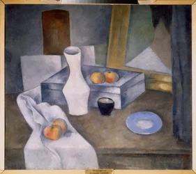 Naturaleza muerta con manzanas y platillo azul - Obra de Alexander Vasilyevich Shevchenko (1883-1948), óleo sobre cartón, hacia 1910 - Arte ruso, siglo XX, vanguardia - Museo Estatal Ruso, S