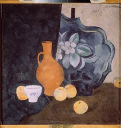 Nature morte avec un vase jaune et un bol blanc (Naturaleza muerta con una jarra amarilla y un bol blanco) - Oeuvre de Alexander Vasilyevich Shevchenko (Alexandre Chevtchenko) (1883-1948), huile sur carton - Art russe