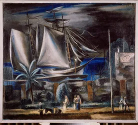 Puerto marítimo, de noche (Un gran velero anclado en el mar Negro) - Pintura de Alexander Vasilyevich Shevchenko (Alexandre Chevtchenko) (1883-1948)