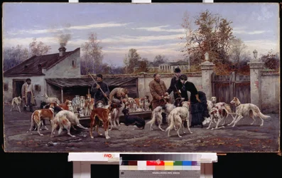 En una perrera. En el patio de un criadero de perros de caza, una pareja vino a elegir un perro. La mujer señala un cachorro ofrecido por el criador. Los empleados se encargan de alimentar a los perros. Pintura de Alexei Danilovich Kivshenko (1