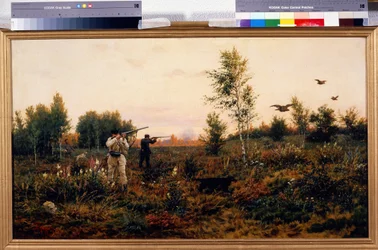 Caza de gallo lira. Escena de caza. Pintura de Alexei Danilovich Kivshenko (1851-1895)