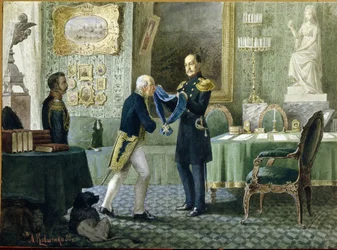 El emperador Nicolás I de Rusia (1796-1855) entrega la Cinta Azul de la Orden de San Andrés al Conde Mikhail Speranski (1772-1839). (El emperador Nicolás I otorga la cinta azul de la Orden de San Andrés al conde Michail Speransky). Obra de Alexei Danilovic