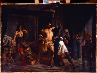 Sansón y Dalila. El héroe bíblico es asaltado en su habitación por los soldados filisteos, que intentan atarlo con la cuerda de su pelo, parte del cual está en el suelo con unas tijeras, detrás de Sansón, Dalila tiene en su mano unas tijeras.