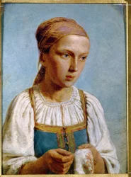 Bordadora campestre. (Niña de Campo Bordada). Retrato de una joven, vestida con el traje tradicional ruso, sosteniendo una aguja y trabajando en sus manos. Obra de Alexei (Alexis) Gavrilovich Venetsianov (1780-1847), óleo sobre cartón