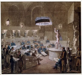 Lecciones basadas en modelos vivos en la Academia de las Artes (Clase modelo en la Academia de las Artes). Obra de Alexei (Alexis) Gavrilovich Venetsianov (1780-1847), acuarela sobre papel