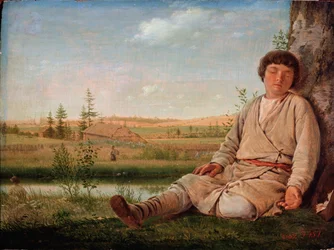 Garcon berger endormi (Pastor durmiente) - Pintura de Alexey Gavrilovich Venetsianov (1780-1847), huile sur toile