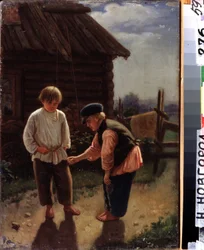 Juega a Knucklebones. Dos niños descalzos juegan en el patio frente a una casa de madera en el campo. Pintura de Alexei Ivanovich Korzukhin (1835-1894), óleo sobre lienzo. Arte ruso del siglo XIX. Museo Estatal de Arte, Nizhny Novgorod (R