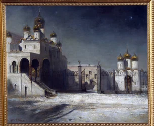 Plaza de la Catedral en el Kremlin de Moscú por la noche. (La Plaza de la Catedral en el Kremlin de Moscú por la noche). Pintura de Alexei Kondratyevich Savrasov (Savrasov) (1830-1897), óleo sobre lienzo