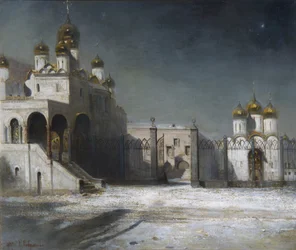 La Plaza de la Catedral en el Kremlin de Moscú de noche