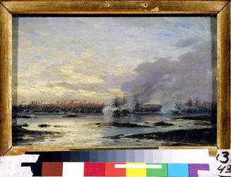 Gran Guerra del Norte (1700-1721): ""La batalla de Gangut que vio la victoria de la flota rusa (incluida la coraza de Gangut) sobre la flota sueca el 08/07/1714"" Pintura de Alexei Petrovich Bogolyubov (Bogoliubov o Bogoliubov ) (1824-1896) 1876 Estado A