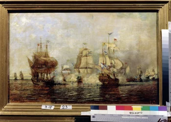 Gran Guerra del Norte (1700-1721): la primera batalla naval sueca rusa de las islas Osel el 4 de junio de 1719. (Primera batalla naval sueca rusa de la isla Osel). Pintura de Alexei Petrovich Bogolyubov (Bogoliubov o Bogolioubov) (1824-1896). aceite en ti