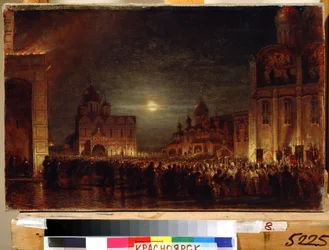 Maitines de Pascua. Reunión al amanecer de la multitud de practicantes, portando velas encendidas, alrededor de los sacerdotes y obispos, para celebrar la fiesta litúrgica, en una plaza enmarcada por iglesias. Pintura de Alexei Petrovich Bog