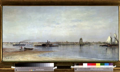 Vista de las orillas del río Neva en San Petersburgo (San Petersburgo) en Rusia. Pintura de Alexei Petrovich Bogolyubov (Bogoliubov o Bogolioubov) (1824-1896)