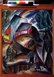 Arcoíris. Paisaje de montaña con un pueblo y figuras, coronado por un arco iris. Pintura de Alexei Ilyich Kravchenko (1889-1940), óleo sobre lienzo, hacia 1920. Vanguardia rusa, paisaje de principios del siglo XX. galería estatal tretyakov,