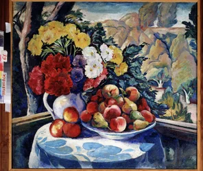 Naturaleza muerta en la terraza. (Naturaleza muerta en la veranda). Pintura de Alexei Ilyich Kravchenko (1889-1940), óleo sobre lienzo 1916. Arte ruso, principios del siglo XX. Museo de Arte Regional, Simbirsk (o Ulianovsk) (Rusia).