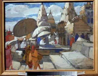 Una pagoda en Benarés (India) (Una pagoda en Benarés). Descripción de calles y edificios indios, con algunos personajes en traje tradicional realizando actividades cotidianas. Pintura de Alexei Ilyich Kravchenko (1889-1940), óleo sobre lienzo