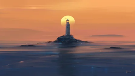 Puesta de sol en el faro dorado