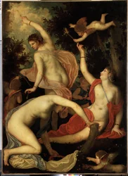 Gracias y Cupido (Gracias y cupido). Pintura de Alessandro Varotari conocida como Il Padovanino (1588-1649). Arte veneciano, Manierismo. Óleo sobre tela. Museo del Hermitage, San Petersburgo