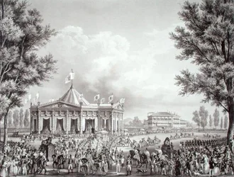 Procesión que pasa ante el pabellón erigido con motivo de la coronación de Fernando I (1793-1875)