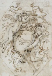 Dos putti sosteniendo un sombrero de cardenal y un escudo con las armas de Camillo Pamphili: diseño para una decoración de estuco