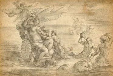 Venus sentada en su carro de mar amamantando a Cupido