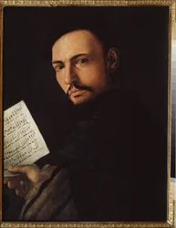 ""Retrato de un cantante"" (Un cantante) Pintura de Alessandro Allori conocido como Bronzino (1535-1607) Galería de Arte Regional, Tambov, Rusia