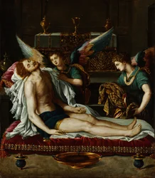 El cuerpo de Cristo ungido por dos ángeles