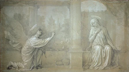 La Anunciación, dibujo preparatorio para el fresco de la Cappella Raffo en el Cementerio de la Misericordia, Siena