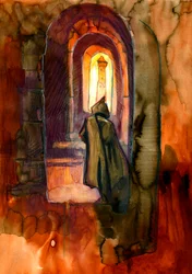 Un monje en un castillo encantado Ilustración de Alessandro Lonati