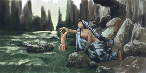 La madre de Aquiles sumerge a su hijo por el talón en el río Estigia para hacerlo invulnerable Dibujo Alessandro Lonati 2015