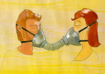 Anticipación, contaminación: una pareja comparte la misma máscara antigás Ilustración de Alessandro Lonati
