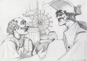 Caraibes pirata en una posada con una botella. Dibujo de Alessandro Lonati.