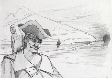 Pirata caribeño con loro buscando un tesoro en una cueva en una playa, con galeón. Dibujo de Alessandro Lonati.