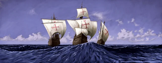 Descubrir América: la "Pinta", la "Nina" y la "Santa María", las carabelas de Cristóbal Colón durante la expedición de 1492. Ilustración de Alesandro Lonati. 2010