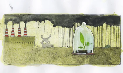 Ecología, contaminación: una pequeña planta verde guardada en una campana rodeada de esqueletos de animales, en un entorno contaminado por chimeneas de fábricas Ilustración de Alessandro Lonati