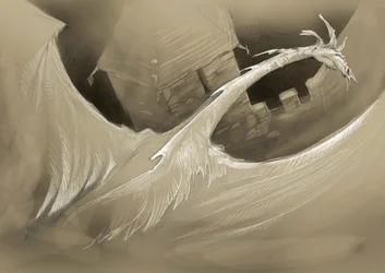 Criatura fantástica: un dragón volando sobre la torre de un castillo Dibujo de Alessandro Lonati