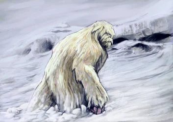 Monstruos y criaturas fantásticas, criptozoología: representación de un yeti o "abominable hombre de las nieves" criatura antropomorfa del folclore de la región del Himalaya (El yeti o abominable hombre de las nieves es un críptido de aspecto simiesco del 