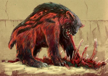 Monstruos y criaturas fantásticas, criptozoología: el oso Nandi, que habita las sabanas de Tanzania y Kenia (kerit, chimit, kikambungure, duba y sabroukoo) - (Oso Nandi, también conocido como Ngoloko) Dibujo de Alessandro Lonati, 2012