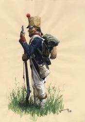 Primer Imperio (1804-1814 y 1815): Soldado de infantería francés del gran ejército napoleónico en traje de campaña.
