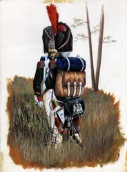 Primer Imperio (1804-1814 y 1815): Soldados granaderos de la Guardia Real del Gran Armee Napoleónico en Italia. Dibujo de Alessandro Lonati