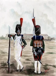 Primer Imperio (1804-1814 y 1815): Soldados granaderos de la Guardia Real del Gran Armee Napoleónico en la plaza del castillo Sforzesco de Milán, Italia. Dibujo de Alessandro Lonati