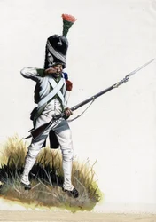 Primer Imperio (1804-1814 y 1815): Soldado velite del gran ejército napoleónico en Italia abriendo un cartucho. Dibujo de Alessandro Lonati