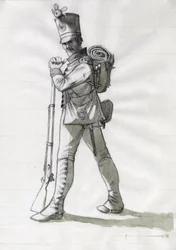 Primer Imperio (1804-1814 y 1815): traje de un soldado de infantería de la infantería de línea del ejército austrohúngaro (austrohúngaro). Dibujo de Alessandro Lonati